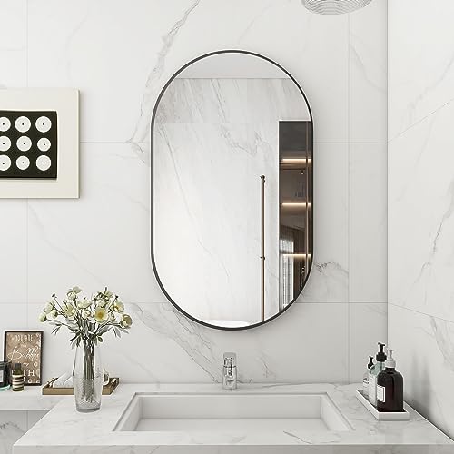 Beautypeak Wall Mounted Mirror, 20"X36" Oval Bathroom Mirror, Black Vanity Wall Mirror W/Metal Frame For Vertical & Horizontal Hang, Ideal For Bedroom, Entryway, Living Room #TOP7