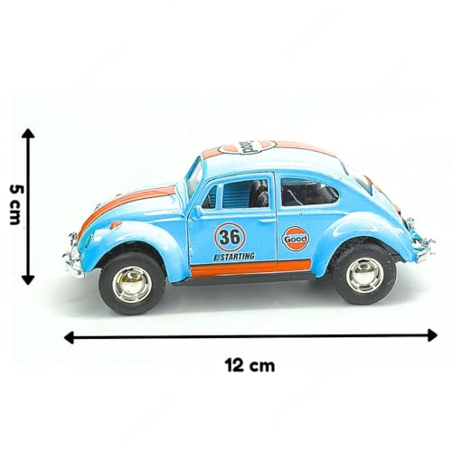 Image of Classic Vintage VW Beetle Diecast Metal Pullback Toy car with Openable Doors for Kids | 1:36 Scale Model | Pull Back | Gift for Boys Girls (Blue with Stripes)
