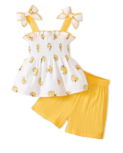 PaPaai Sara 18 Month Baby Girl Outfit Toddler Girls Clothes 18-24 Months Girl Clothing Summer Sleeveless Bowknot Tops Matching Solid Shorts Set Cute Duck Pattern 2T Summer Outfits Yellow