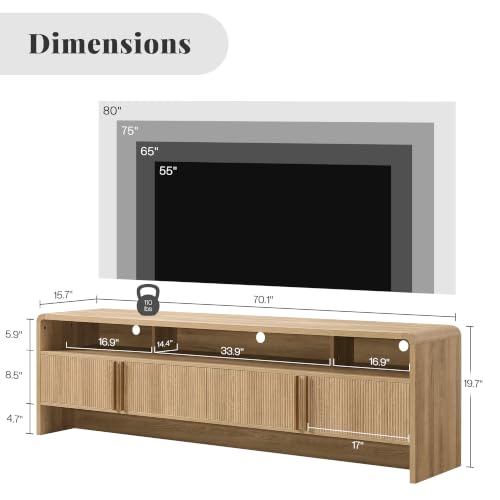 Image of AMERLIFE Modern TV Stand for TVs up to 80 inch, 70 inch Fluted TV Console with Storage Cabinets, Wood Entertainment Center Media Console for Living Room, Natural Oak