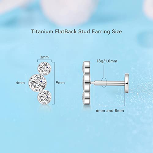 Limerencia G23 Hypoallergenic 18G Flat Back Stud Earrings | F136 Implant Grade Titanium Press Fit Threadless Push Pop In Cartilage Helix Labret Lip Monroe Tragus Piercing Studs （Three Crystal Cluster，Silver） #TOP3