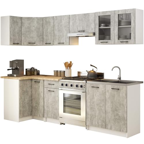 AKORD | Juego de muebles de cocina Olivia 3 m | Cocina completa pequeña | Componible | a medida 46 x 300 x 203 cm | Para un diseño moderno y tradicional | Blanco y cemento