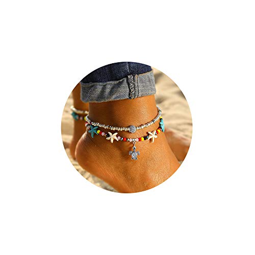 Image of Softones Blue Starfish Turtle Anklet Multilayer Charm Beads Sea Handmade Boho Anklet Foot Jewelry for Women