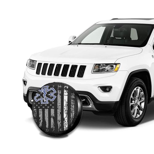 Image of Thin White Line EMS Paramedic American Flag Spare Tire Cover Weatherproof Wheel Protectors Dust-Proof Sun Protection Wheel Tire Covers Universal Fit for Truck SUV RV Camper Trailer 17 inch