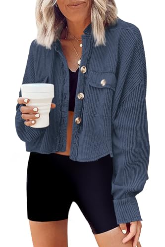 Image of Panadila Women's Cropped Waffle Knit Shacket Short Button Down Jacket Batwing Sleeve Shirts with Pocket