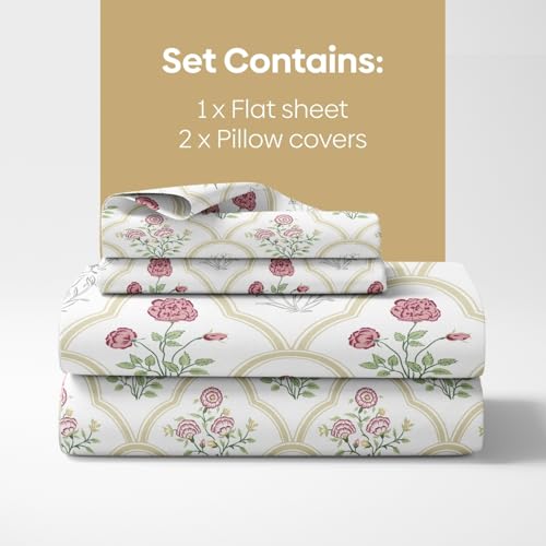 haus & kinder King Size Bedsheet with 2 Pillow Covers, 186 TC Cotton Bedsheets for Double Bed King Size 108X108 Inches Flat Bed Sheet | Rose Serenity