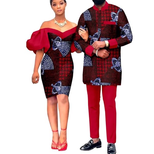 African Printed Batik Couple Suit Women's V-Neck One Shoulder Slim One-Piece Dress Matching Men's Dashiki Sets(D,Men-X-Large) - Main Image
