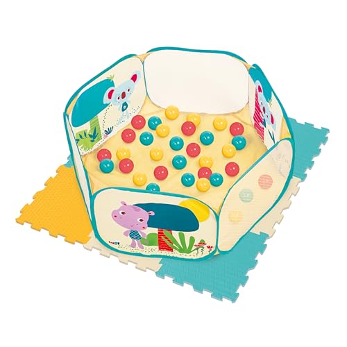 LUDI - Aire de Jeu + Tapis Ludi - 9 Dalles en Mousse - 40 Balles Colorées - Aire Pop-up Facile à Monter - Installation Rapide - Amortit les Chocs - Accueille...