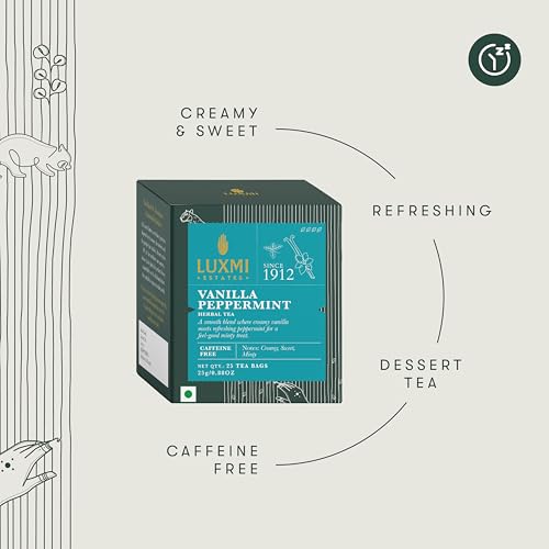 Image of Luxmi Estates Vanilla Peppermint Herbal Tea, 25 Tea Bags (25g, 0.88oz), Caffeine-Free Two-Ingredient Blend with Real Peppermint Leaf & Natural Vanilla | Soothing After-Dinner Cup, Vegan