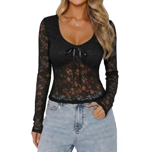 LOMON Women's Lace Long Sleeve Tops Going Out Mesh Shirt Sexy Bow Y2K Slim Fit Club Outfits Black 1 Large