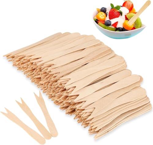 Pack of 100 Chip Forks, 85 mm Disposable Wooden Forks, Small Wooden Party Cutlery Chips Forks, Small Wooden Forks, Disposable Pack of 100, for Party, Birthday, Camping and Picnic, Disposable Cutlery