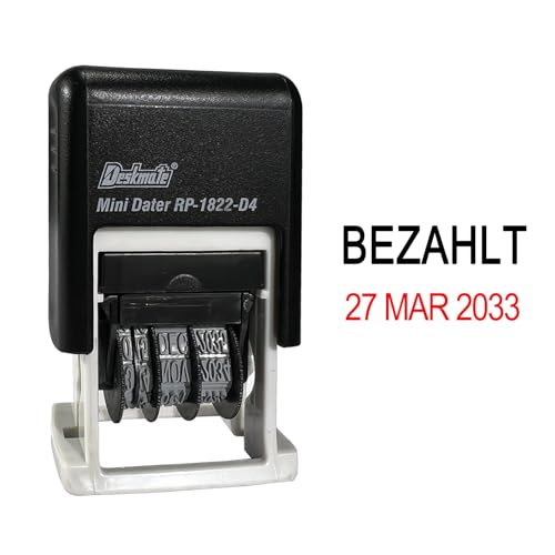 Datumsstempel mit Standardtext BEZAHLT und Datum, Dual-Farben Stempel für Bürobedarf, Bänderlaufzeit 12 Jahre(2024-2035), Schrifthöhe 4,8 mm, 4 mm Kissen rot/schwarz Eingang