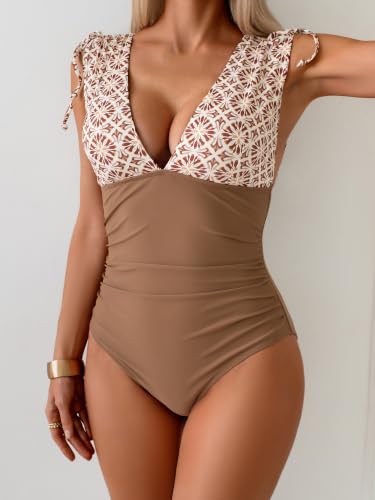 Image of One Piece Swimsuit for Women Tummy Control Ruched Bathing Suit Sexy High Cut Swimwear V Neck Swim Suit