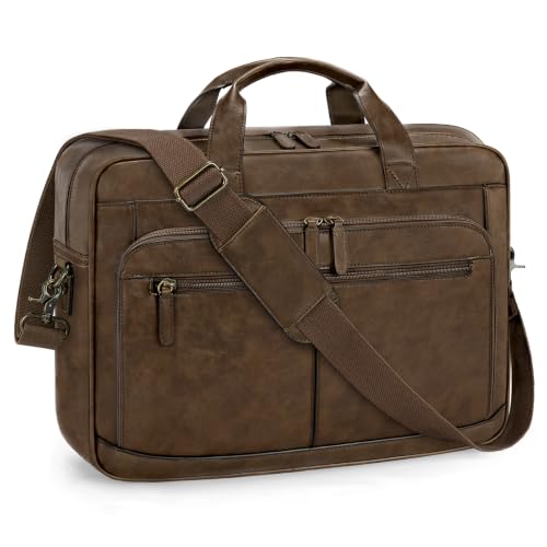 Image of RAINSMORE Messenger Bag For Men 16 Inch Laptop Bag Waterproof PU Leather Briefcase Large Capacity Vintage Satchel Computer for Office Work Business Travel,Brown
