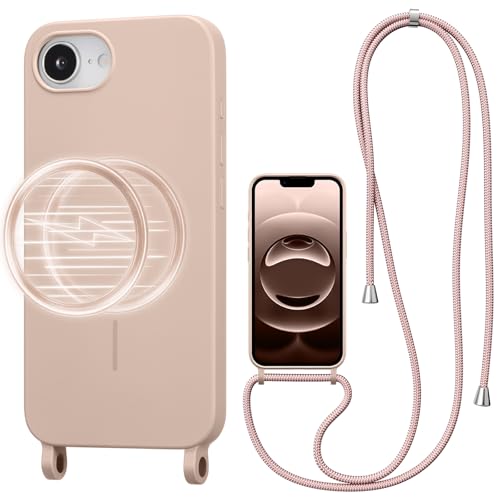 Coque antichoc iPhone 16E avec cordon anti-chute étui magnétique MagSafe silicone sable