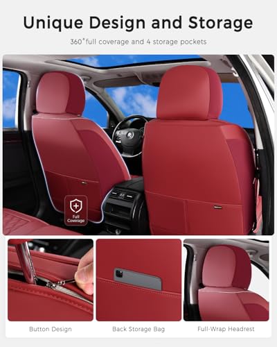 Image of Huidasource Red Seat Covers, Car Seat Covers Nappa Leather Universal Fit for Most Cars, Vans, Trucks, SUVs, Compatible with Airbags, Child Seat, Automotive Seat Covers Velcro Adjustable (Full Set /Red)