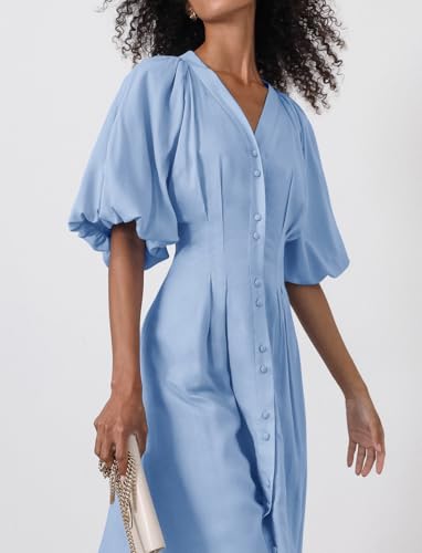 Image of chouyatou Women Summer Puff Sleeve Button Down Shirt Dress Flowy Elegant Business Casual Midi Long Dress