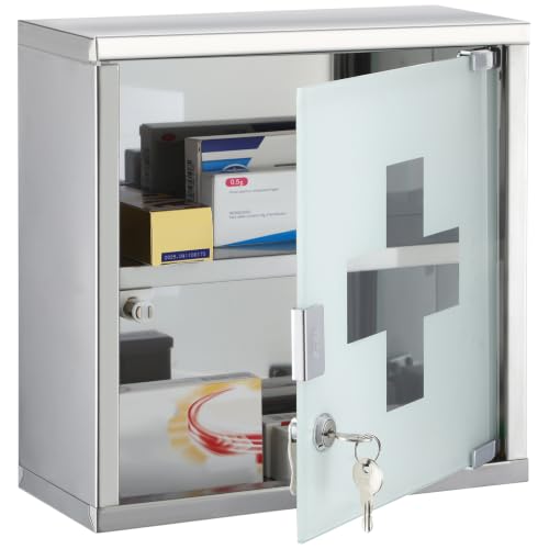 Timgle First Aid Wall Cabinet with Lock Medicine Wall Mounted Bathroom Storage Hanging Medical Cabinet with Safety Glass Door for Bathroom(2 Shelves,Silver)