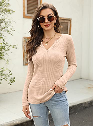 Image of Farktop Womens Long Sleeve Tops Henley V Neck Lightweight Pullover Sweaters | Casual, Loose Fit, Fall, Winter, Warm, Waffle Knit Shirts