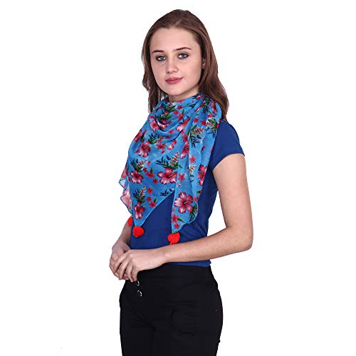 Image of POPWINGS Casual Yellow Printed Chiffon Scarf with pom-pom work