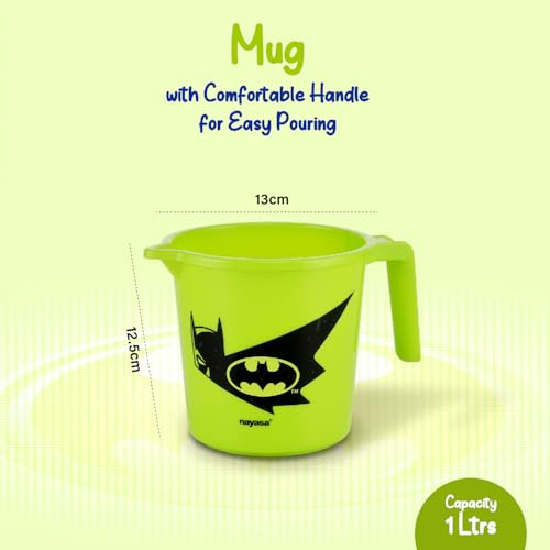 Image of Nayasa Kids Batman Print Bathroom Set of 3 | 18 LTR Bucket, 1 LTR Mug and Stool Combo for Children | Sturdy and Durable | Lightweight and Rigid | Easy to Clean and Attractive Design | Green