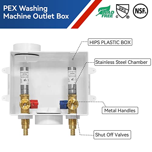 Guofis Washing Machine Outlet Box With Stainless Steel Water Hammer Arrestor,1/2 Inch Pex Inlet X 3/4 Inch Mht Outlet Connection Laundry Outlet Boxes,Washer Plumbing Pex Fittings Box With Center Drain #TOP1