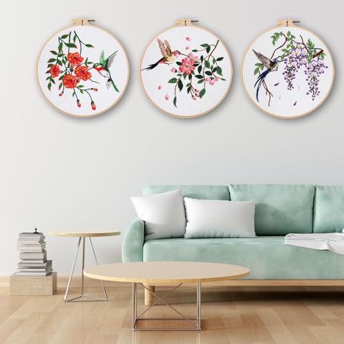 Image of Ohcol 3 Sets Hummingbird Embroidery Kit for Beginners Needlepoint Kits for Adults Cross Stitch Kits with Clear Instructions,Easy Funny Stamped Bird Patterns Fabric Hand Crafts