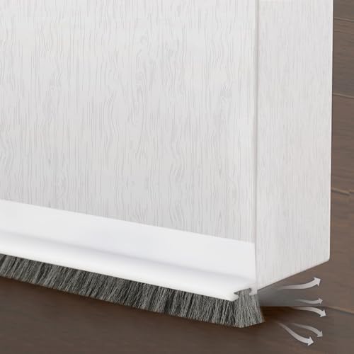 Strehknewen Burlete para Puerta 100 cm Blanco, Junta Autoadhesiva con Cepillo, Burlete Bajo Puerta Aislante Térmico y Acústico, Antipolvo Antiinsectos Cortafríos, Ajustable y Recortable