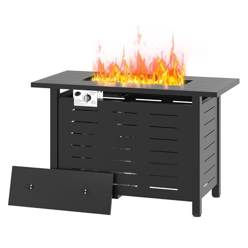 Image of Aoxun 42 in Propane Fire Pit, 60,000 BTU Outdoor Gas Fire Table with Waterproof Cover, Rectangular Steel Fire Table with Lid and Lava Rock for Outdoor, Patio, Backyard, Black