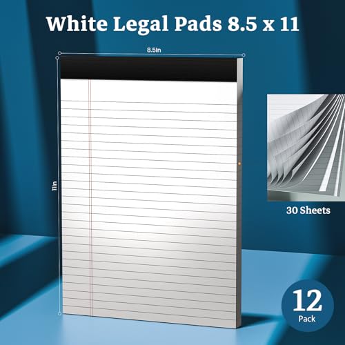 Image of White Legal Pads 8.5 x 11 Notepads, 12 Pack Writing Paper Note Pads 8.5x11 | Perforated Wide Ruled Lined Writing Pads 30 Sheets for Home Office School Work, Legal Notepads Double-Side Printed Per Pad