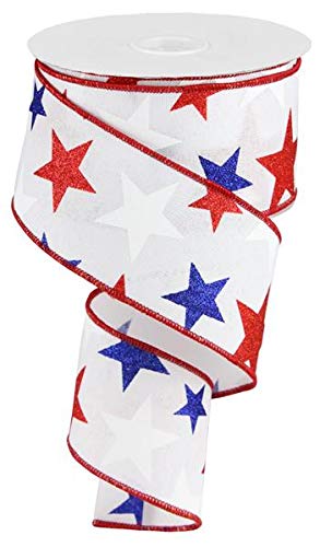 Craig Bachman 2.5 Inch Patriotic Stars Wired Ribbon 10 Yards, Red White Navy Blue Satin Ribbon for Fourth of July Wreath Making Supplies, Memorial Day Summer Floral Arrangements Craft Ribbon Roll
