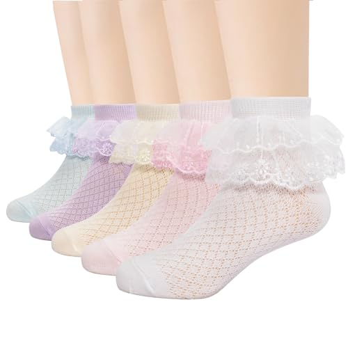 Meeshine 5 Pack Toddler Girls Ruffle Lace Trim Socks Eyelet Mesh Frilly Ankle Socks Princess Dress Soft Cotton Kids