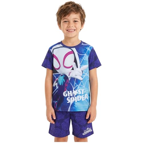 Marvel Spidey et Ses Amis Ensemble Pyjama Enfant Garcon, 2 Pièces Ghost Spider Été Tshirt Ras du Cou et Shorts, Cadeau Garcon (4-5 Ans, Bleu/Bleu Marine...