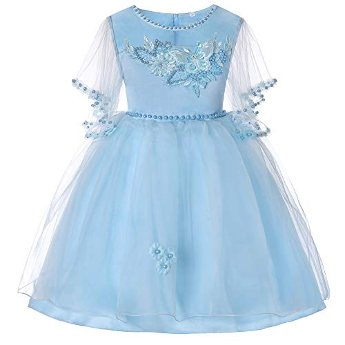 Robe princesse fille 120 cm en tulle bleu haut de gamme brodée de perles fines