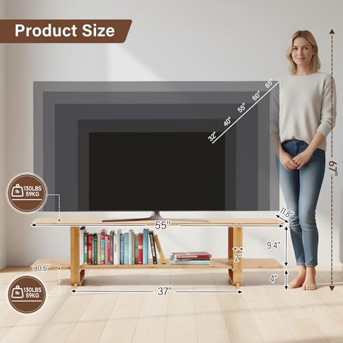 Image of Tiita Wood Bamboo TV Stand for 55-Inch TVs, 2 Open Shelves, Modern Console