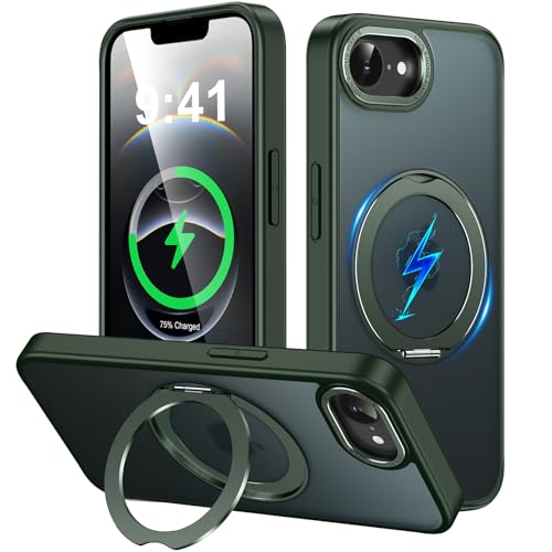 iPhone 17e / iPhone 16e 用 ケース Magsafe対応 ワイヤレス充電 360°回転スタンド 縦横両対応 Gunwon スマホケース あいふおん 17e / あいふおん 16e 用 米軍規格 耐衝撃 半透明 マット感 防指紋 マグセーフ リング マグネット搭載 アイフォン 17e / アイフォン 16e 用 カバー「グリーン」