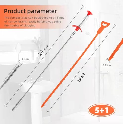 liboyixi Drain Clog Remover Tool, 5 Pack 25inch with 5 Plastic and 1 Stainless Steel Drain Snakes, Hair Unclogger for Toilet, Kitchen Sink, Bathroom Tub, Shower, Sewer - image 2