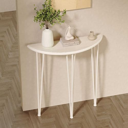 Mesa consola de madera de granja de mediados de siglo con mesa semicircular estrecha y larga detrás de la mesa de sofá con patas de metal para sala de estar, pasillo (blanco, 60 cm)