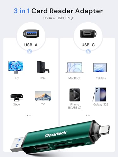 Image of Dockteck SD Card Reader, USB3.0, 3-Slot USB A /C to Micro SD Adapter,Green | 5G Super Speed, Memory Card Reader for UHS-I SD /Micro SD /SDHC /SDXC /MMC, OTG Support, Plug&Play,Compatible with Macbook iphone