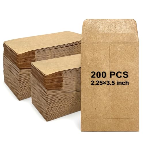 Kraft Coin Envelopes 200 Pack, 2.25 x 3.5 Inch Small Brown Kraft Paper Envelopes, 120gsm Thick Gummed Envelopes for Coins, Cash, Jewelry, Seeds and Small Parts