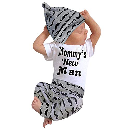 3Pcs Baby Boys Letters Hipster Long Sleeve Romper Bodysuit+Moustache Leggings Pants+Hat Outfit Set (Mommy's New Man, 0-6Months)