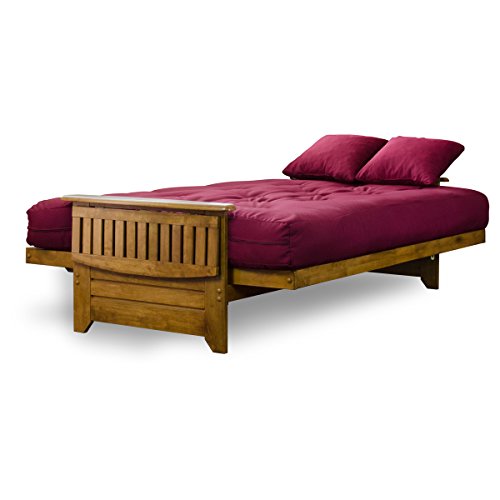 Nirvana Futons Brentwood Tray Arm Futon Frame, Drawers, and Burgundy Mattress Set - Queen, Rich Heritage Finish
