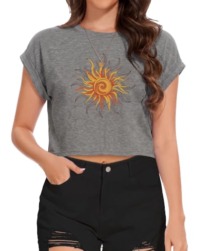 Image of Womens Crop Tops Summer Roll Cap Sleeve Cropped Tshirt Loose Fit Basic Tees