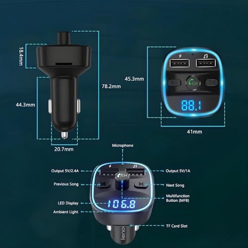 Bluetooth Car Adapter, Radio Receiver Audio FM Transmitter, 48W Fast Charger for 12V/24V Cigarette Lighter, Hands-Free Calling, Support TF Card & USB Flash Drive, Wireless Radio Receiver Adapter Kit