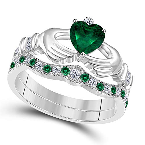DS Jewels 14k Gold Plated Alloy Claddagh Bridal Set Ring 1.00 ctw Heart Cut CZ Green-Emerald & Cubic Zirconia Curved Wedding Band & Crown Engagement Ring Size 4 to 11