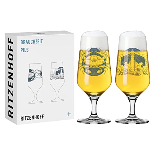 RITZENHOFF 3471004 Bicchiere da birra 300 ml - Set di 2 - Serie Brauchzeit, Set n. 4 - Motivo mare, grigio e blu - Made in Germany