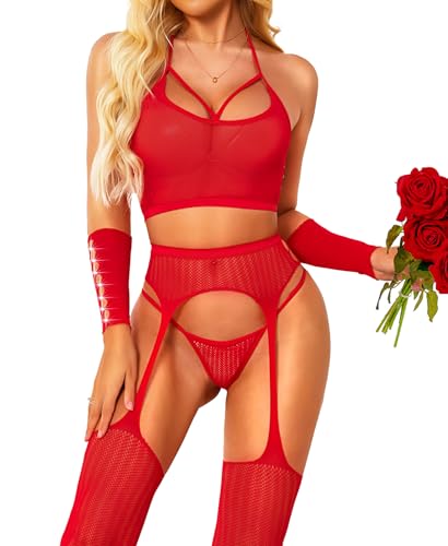 AVGAR Womens Fishnet Lingerie - 4 Piece Sexy Lingerie Set Exotic Mesh Bodysuit Rave Outfit One Size Red