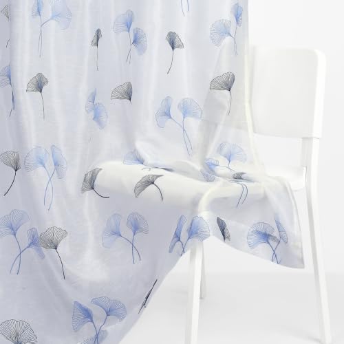 Image of haus & kinder Curtains 7 feet Long | Embroidery Sheer Curtains 7 Feet Long Pack of 1 | Door Curtains 7 feet Light-Filtering & Breathable Sheer Curtains (Ginkgo Grace Blue, 114x213cm)