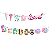 Two Sweet Donut Banner Garland for Ice Cream 2nd Birthday Party Decorations Vibrant Pink Two Sweet Donut Theme Birthday Baby Shower Party Supplies
