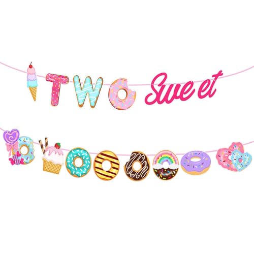 Two Sweet Donut Banner Garland for Ice Cream 2nd Birthday Party Decorations Vibrant Pink Two Sweet Donut Theme Birthday Baby Shower Party Supplies